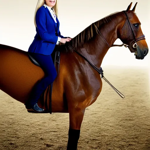 Prompt: riding a horse is a blond female accountant in a blue suit with glasses : a highly detailed uncropped full-color epic photograph. best photoraphy photo winner, meticulous detail, hyperrealistic, centered uncropped symmetrical beautiful feminine facial features, atmospheric, perfect eyes, photorealistic texture, canon 5D mark III photo, professional studio lighting, aesthetic, very inspirational, motivational. By Karen L Richard Photography, Photoweb, Splento, Americanoize, Lemonlight