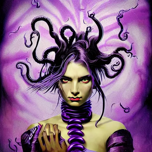 Image similar to art portrait of a furious girl with think, hair-like purple tentacles on her head and bright purple eyes, 8k,by tristan eaton, Stanley Artgermm,Tom Bagshaw,Greg Rutkowski,Carne Griffiths,trending on DeviantArt, face enhance,hyper detailed ,full of colour,