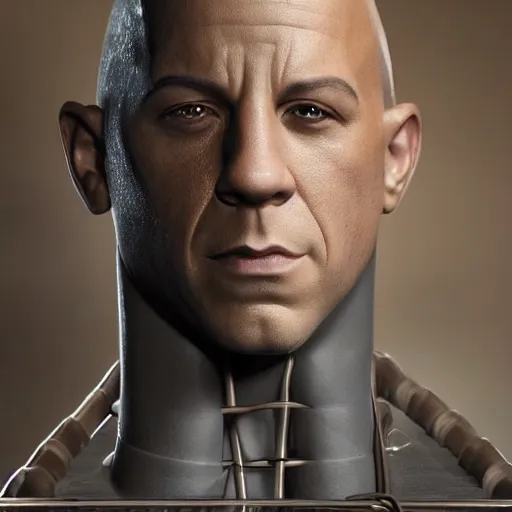 Image similar to animatronic Vin Diesel, exposed wires, photo, Stan Winston studios, detailed, 4k