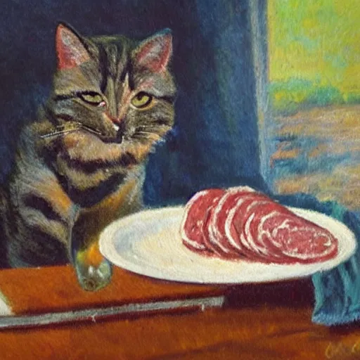 Prompt: impressionist painting of a cat eating a slice of salami