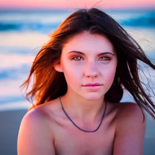 Image similar to portrait of a brunette girl on the beach, sunset, photo for instagram, photorealistic, sharp focus, highly detailed. photo taken with a canon eos 8 0 d iso 2 0 0