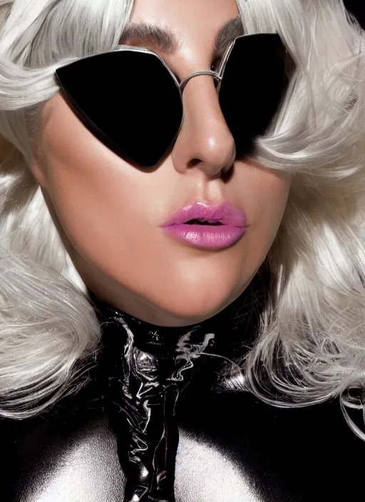 Prompt: lady gaga in the poker face music video, photoshoot by nick knight, full body, high heels, wearing versace sunglasses, long platinum blonde hair with bangs fringe, highly realistic. high resolution. highly detailed. dramatic. 8 k. 4 k.