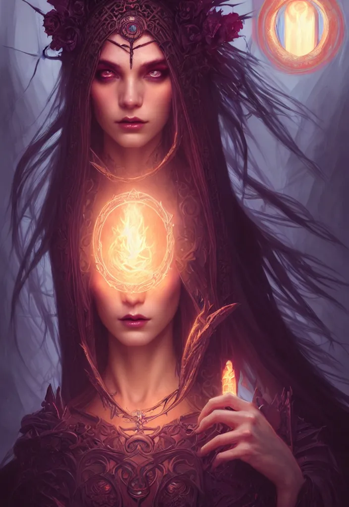 Image similar to Necromancer Sorceress face in center, fantasy magic, undercut hairstyle, dark light night, intricate, elegant, sharp focus, illustration, highly detailed, digital painting, concept art, matte, art by WLOP and Artgerm and Greg Rutkowski and Alphonse Mucha, masterpiece