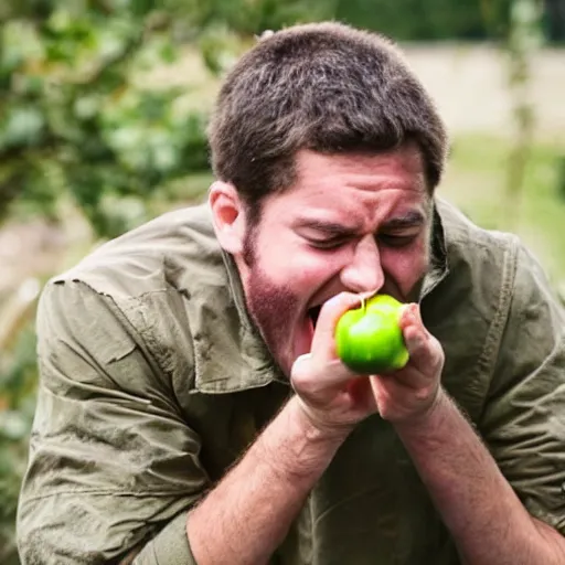 Image similar to Man eating a grenade like an apple