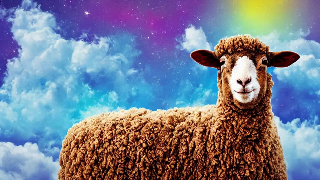 Image similar to portrait of a sheep on a colorful nebulous cloud backdrop