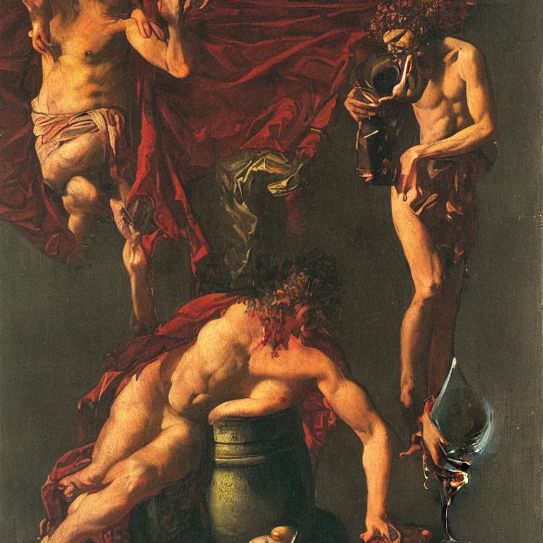 Prompt: Dionysus, greek god of wine, drinks to forget by Francis Bacon