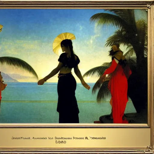 Prompt: Silhouette of three girl at the palace, thunderstorm, greek pool, beach and palm trees on the background major arcana sky, by paul delaroche, alphonse mucha and arnold böcklin arnold böcklin hyperrealistic 8k, very detailed