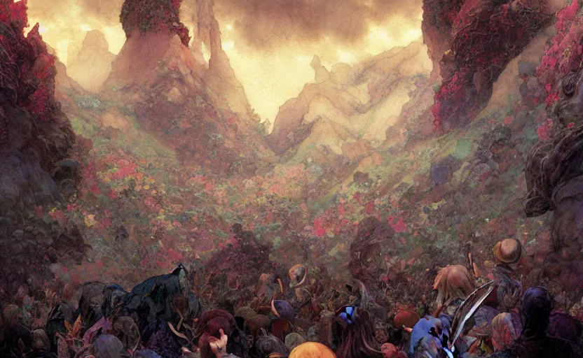 Image similar to the fellowship of the ring, lord of the rings, intricate, amazing composition, colorful watercolor, by ruan jia, by maxfield parrish, by marc simonetti, by hikari shimoda, by robert hubert, by zhang kechun, illustration, gloomy