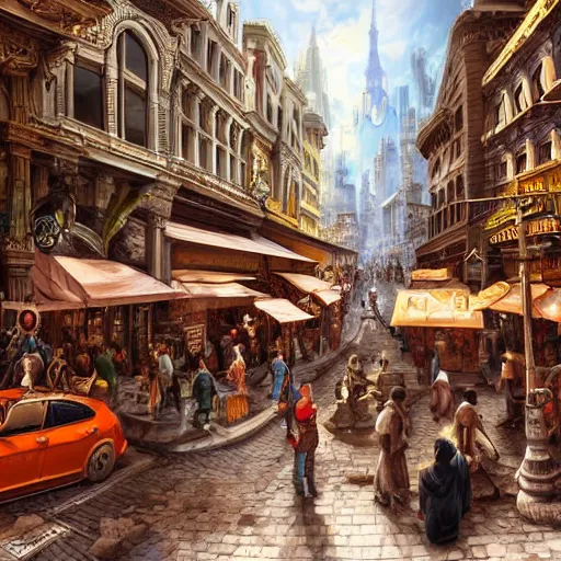 Image similar to a busy fantasy street scene from within a beautiful and ornate city, hyper realistic digital art, beautiful painting, detailed, cinematic, great composition