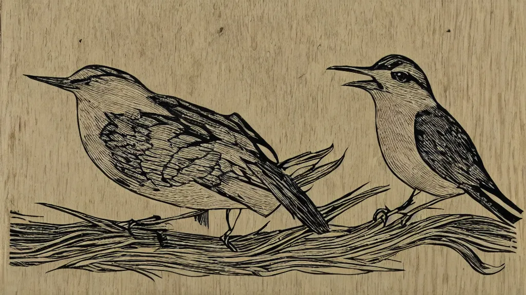 Prompt: a Woodcut of a mocking bird