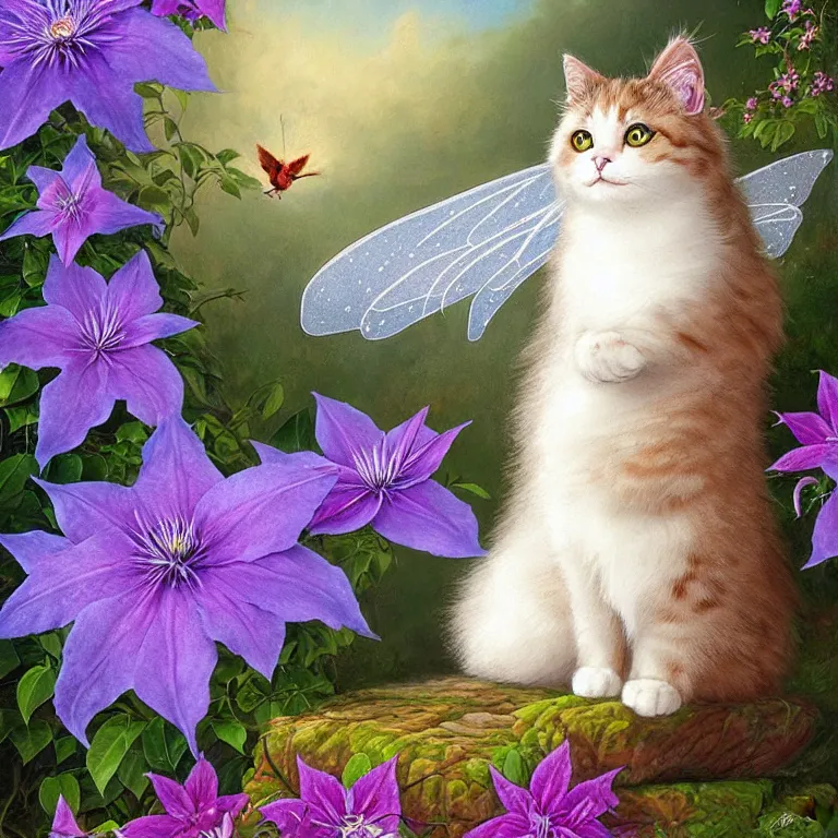 Image similar to a fluffy cartoon cat with fairy wings hovering in front of a clematis flower by Justin Gerard