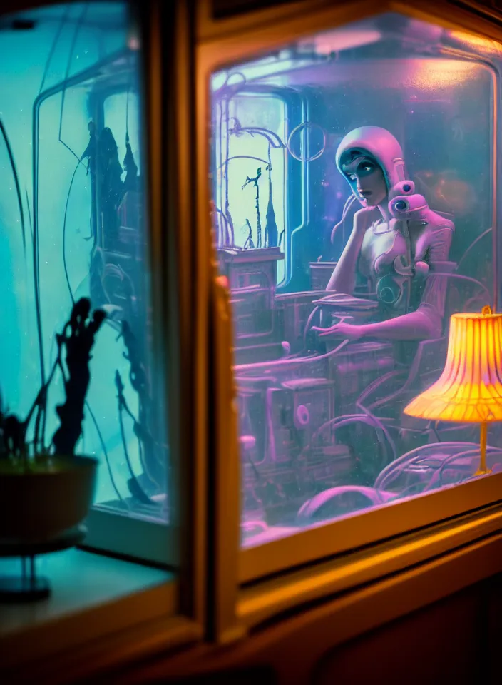 Prompt: telephoto 7 0 mm f / 2. 8 iso 2 0 0 photograph depicting the feeling of chrysalism in a cosy safe cluttered french sci - fi ( art nouveau ) cyberpunk apartment in a pastel dreamstate art cinema style. ( typing ) ( ( fish tank ) ), ambient light.