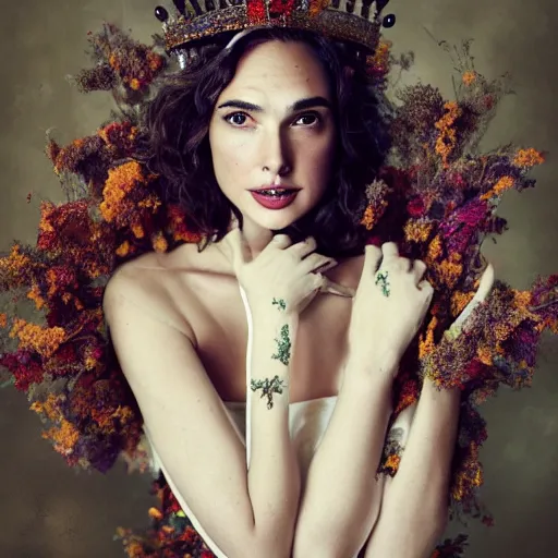 Image similar to full body fine art photo of the beauty gal gadot, she has a crown and a dress made of dried flowers done by oleg oprisco