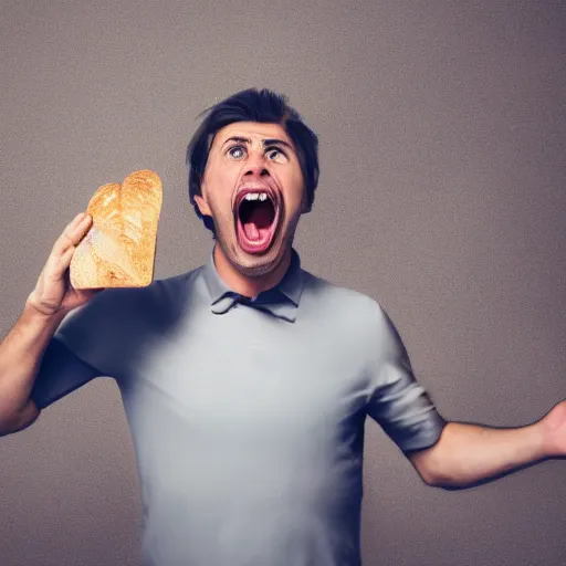 Image similar to man angrily shouting at a loaf of bread, 4 k