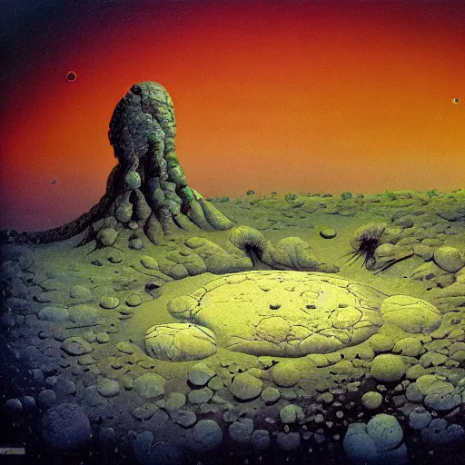 Prompt: a landscape on the moon with many craters, barren moon landscape, a broken moon lander, in a big crater at the center there is a beautiful flowering garden, 8 k, lowbrow in the style of roger dean and martin johnson heade and daniel merriam,