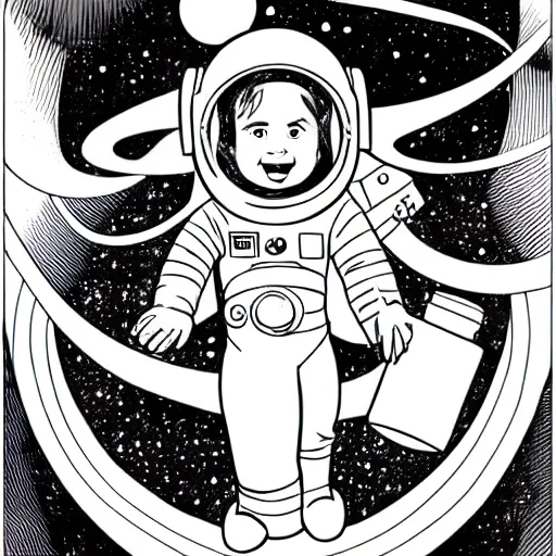 Prompt: clean simple line art of a little girl with wavy curly hair floating in space. she is an astronaut, wearing a space suit. white background. well composed, clean black and white line drawing, beautiful detailed face. illustration by josan gonzalez and steve ditko and greg rutkowski