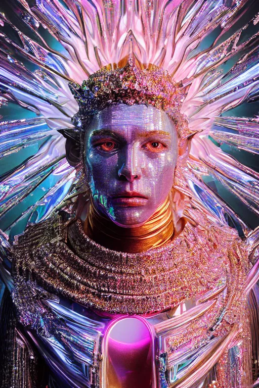 Image similar to hyper detailed ultra sharp portrait of baroque and bladerunner delicate neon diamond sculpture of seductive albino pharaoh kit butler, diamond pink sphinx iridescent humanoid deity wearing metallic hoody made out of hands holding the sun prismatic dungeon, glowing blue face, crown of white diamonds, cinematic lighting, photorealistic, octane render 8 k depth of field 3 d