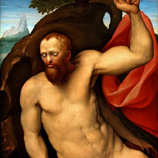 Image similar to renaissance painting of the cyclops-giant Polyphemus emerging from his cave