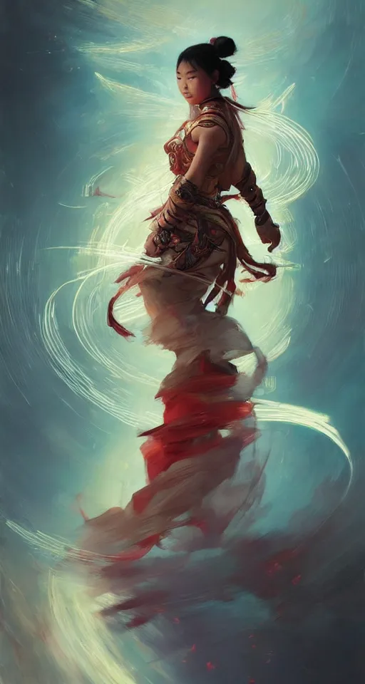 Prompt: beautiful asian ethnic warrior girl, digital illustration by ruan jia on artstation, outlined by whirling illuminated neon lines and fine lines swirling in circles by jesper ejsing and rhads and makoto and shinkai and lois van baarle, digital art, trending on artstation