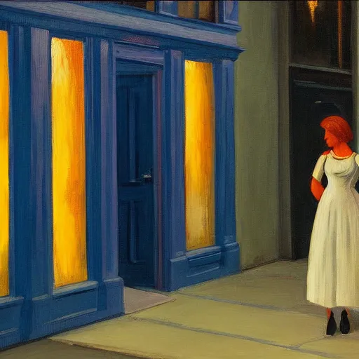 Prompt: a painting of a woman in front of a restaurant at night, in the style of Edward Hopper and Sandro Botticelli, 4k,