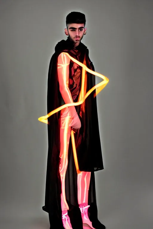 Image similar to full-body baroque and cyberpunk style neon statue of a attractive pale Zayn Malik as a humanoid deity wearing a thin see-through plastic hooded cloak sim roupa, posing like a superhero, glowing peach face, crown of pink lasers, large diamonds, swirling black silk fabric. futuristic elements. oozing glowing liquid, full-length view. space robots. human skulls. throne made of bones, intricate artwork by caravaggio. Trending on artstation, octane render, cinematic lighting from the right, hyper realism, octane render, 8k, depth of field, 3D