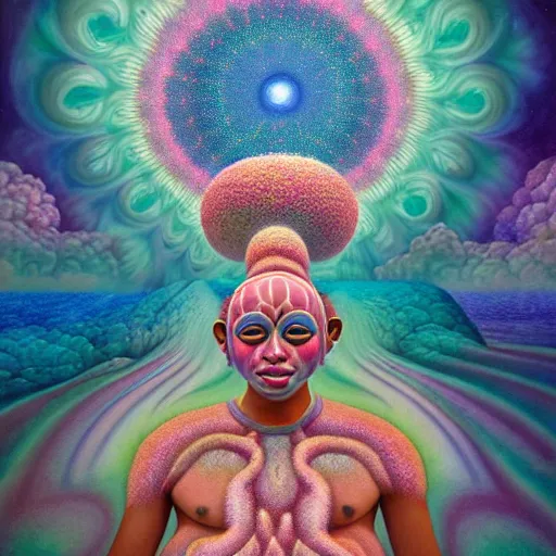 Image similar to obatala the cosmic god sitting in a cabana made of nebula clouds, by Adi granov and afarin sajedi and amanda sage and evgeni gordiets and Agostino Arrivabene in a psychedelic portrait style, ultrarealistic matte painting, volumetric lighting, fractal, extremely symmetrical, highly detailed face, orisha, 8k, hd