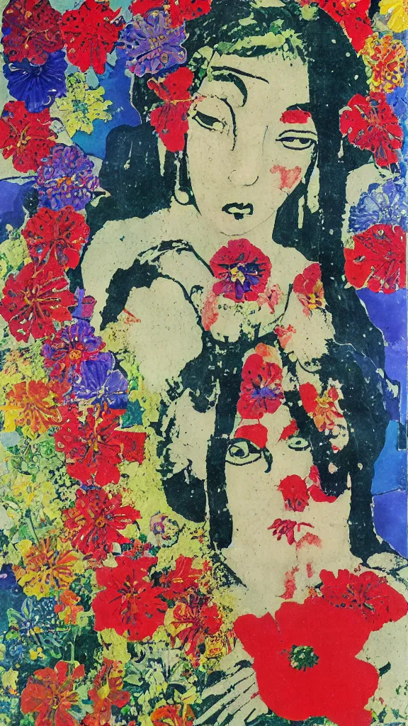 Prompt: an angel brings you flowers in the pouring rain, mixed media, by tadanori yokoo