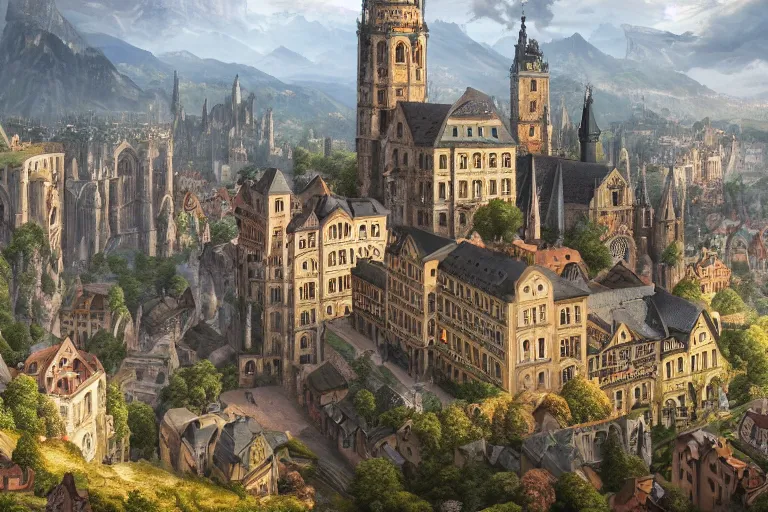 Image similar to an ultra detailed matte landscape painting of an german renaissance capital city built into the side of a mountain with many tall spirally towers, sweeping vista, german renaissance architecture, ultrawide lens, aerial photography, 8 k, volumetric lighting, smooth, highly detailed, digital illustration, art by greg rutkowski and akira toriyama and artgerm