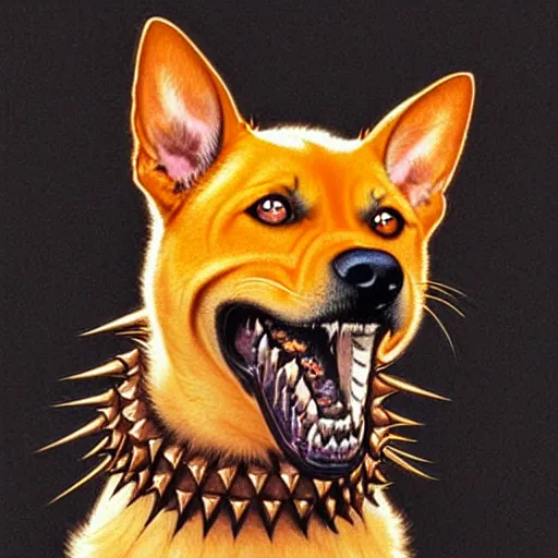 Prompt: orange and brown skinned dog with crazed eyes, and a strained toothy grin smile. has spiky long unwashed hair. he wears a metalic dog collar, smooth, sharp focus, illustration, art by artgerm and greg rutkowski and alphonse mucha