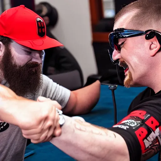 Prompt: Dr. Disrespect arm wrestling timthetatman