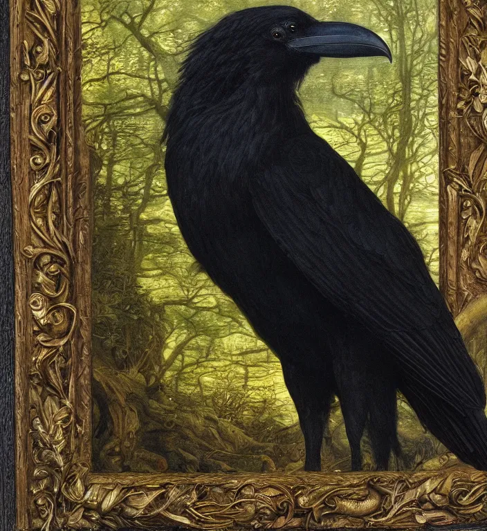 Prompt: a breathtakingly stunningly pre raphaelite beautifully highly detailed close up animal portrait of a majestic raven, in an forest arch with smokey water reflections, framed, by rosetti and devinci and michael cheval and sidney cooper and turner, 4 k