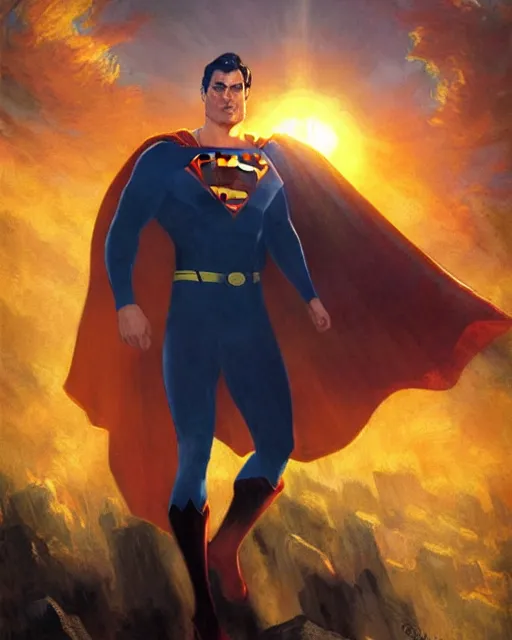 Prompt: superman emerging from the sun, lens flare, elegant, orange yellow ethereal, horror, fantasy art by greg rutkowski and magali villeneuve and claude monet