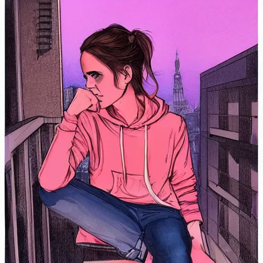 Image similar to emma watson in jeans and hoodie sitting on the balcony of a hotel at night, top view, neon and rainy theme atmosphere by Jerome Opeña, featured on artstation