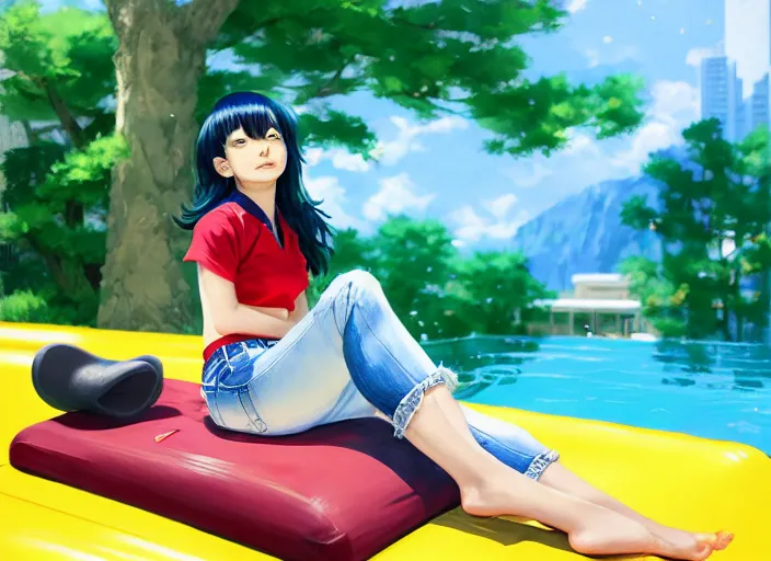 Image similar to closeup portrait of tsuyu asui from my hero academia relaxing in jeans and a t - shirt on a floating pool chair, sunny, bright, reflections, intricate, sharp focus, lens flare, bloom, illustration, highly detailed, digital painting, concept art, matte, art by ruan jia and wlop and greg rutkowski, masterpiece