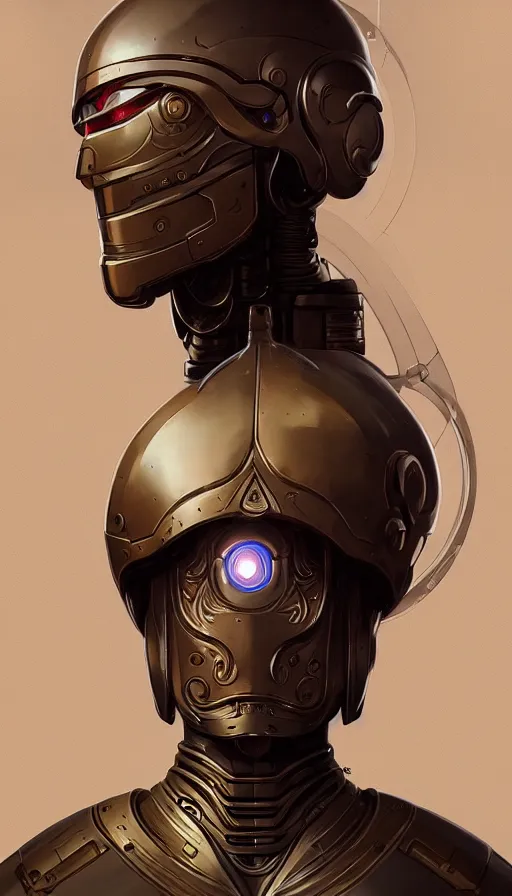 Prompt: Character design of a robot scifi religious monk with helmet, symmetrical, center punched, elegant, intricate, digital painting, artstation, concept art, smooth, sharp focus, illustration, art by artgerm and greg rutkowski and alphonse mucha