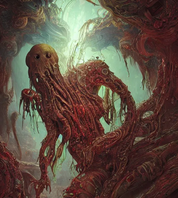 Image similar to portrait of a bloodied ornate filigreed slime dripping genderless insect alien monster, muscles, rippling, space warping and twisting, ultra realistic, concept art, intricate details, eerie, highly detailed, photorealistic, octane render, 8 k, unreal engine. art by artgerm and greg rutkowski and alphonse mucha