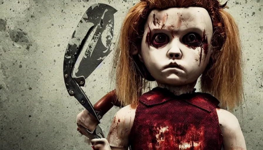 Image similar to big budget horror movie about an evil killer doll with a chainsaw