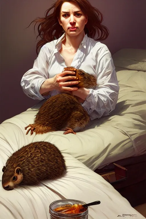 Image similar to groundhog cooking meth lies on the bed, realistic portrait, highly detailed, digital painting, artstation, concept art, smooth, sharp focus, illustration, cinematic lighting, art by artgerm and greg rutkowski and alphonse mucha