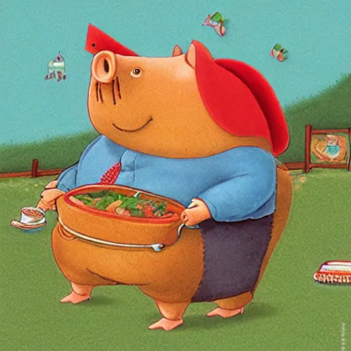 Image similar to a fat pig full from a feast by richard scarry