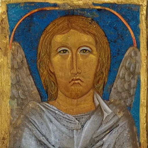 Image similar to realistic medieval painting portrait of white angel with clean narrow face like noface, 3 / 4, miracle light coming up from the head up and up, misty space, grace and blessing, by theophanes the greek, by andrei rublev, renaissance, christianity, marble stone, glow effect, white background