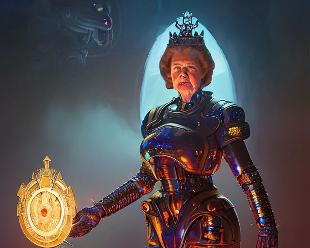 Image similar to hrh queen elizabeth as a cyborg terminator, photography of kurzgesagt, deep focus, d & d, fantasy, intricate, elegant, highly detailed, digital painting, artstation, concept art, matte, sharp focus, illustration, hearthstone, art by artgerm and greg rutkowski and alphonse mucha