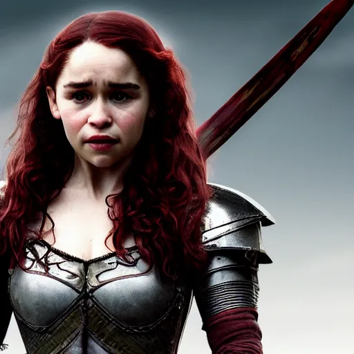 Prompt: emilia clarke, as a medieval fantasy character, with dark red hair, wearing light, silver armor and red clothing, olive complexion, holding a longsword, determined expression, noble, cinematic, dark, realistic, digital art, 8 k