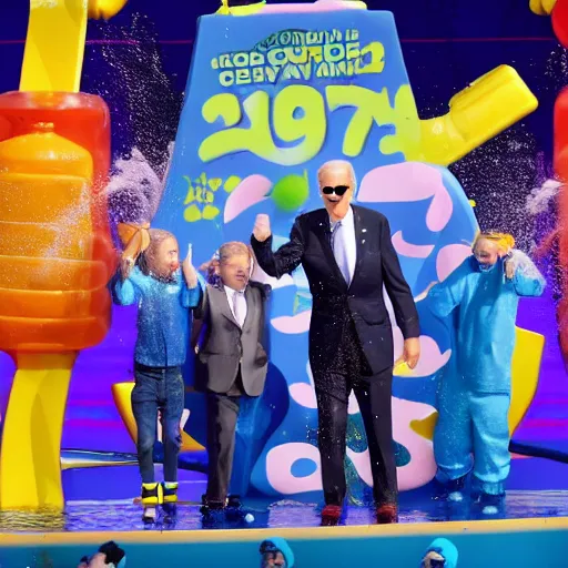 Image similar to joe biden getting slimed at the kids choice awards, dynamic, cinematic photo