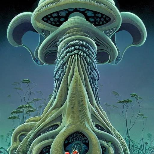 Image similar to highly detailed illustration of a nausicaa alien cephalopod in a world overgrown with fungus and spores, diffuse lighting, fog, stunning atmosphere, religious imagery, huge gargantuan black sun, muted colors, by roger dean, kilian eng. mœbius