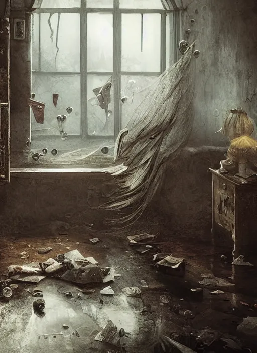 Prompt: a dreary bedroom that blends with fantastical scenes of dreams, dreams invading mundane spaces, fantasy infiltrating reality, bubbles of the impossible, swirls of magic, 8k, ultradetailed, illustrated by Greg Rutkowski and Caspar David Friedrich.