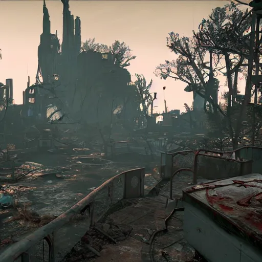 Image similar to walt disney world orlando in ruins post - nuclear war in fallout 4, in game screenshot