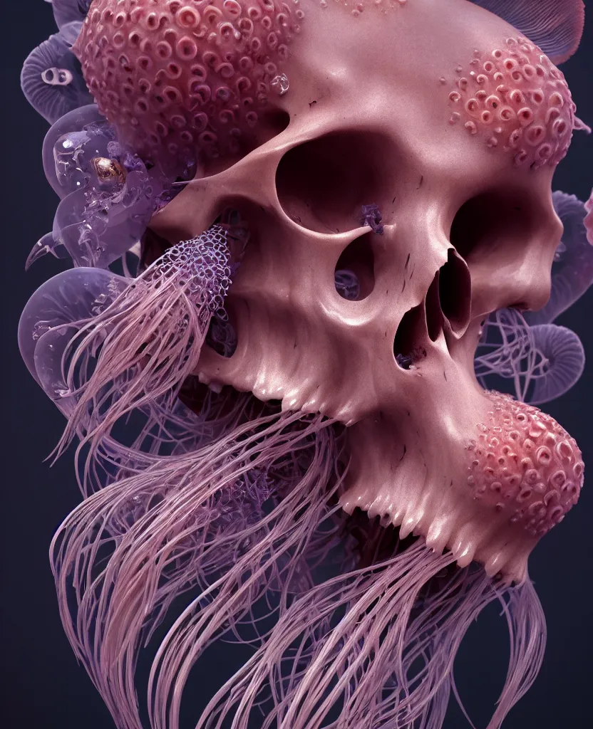 Image similar to goddess close-up portrait animal skull. jellyfish phoenix head, nautilus, orchid, skull, betta fish, bioluminiscent creatures, intricate artwork by Tooth Wu and wlop and beeple. octane render, trending on artstation, greg rutkowski very coherent symmetrical artwork. cinematic, hyper realism, high detail, octane render, 8k