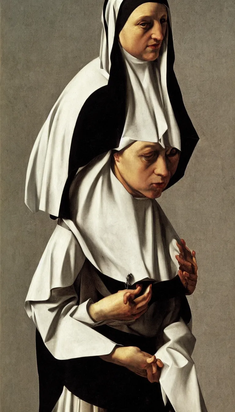 Image similar to a very detailed oil painting of the nun sainte claire wearing clarise habit, half body, by caravaggio