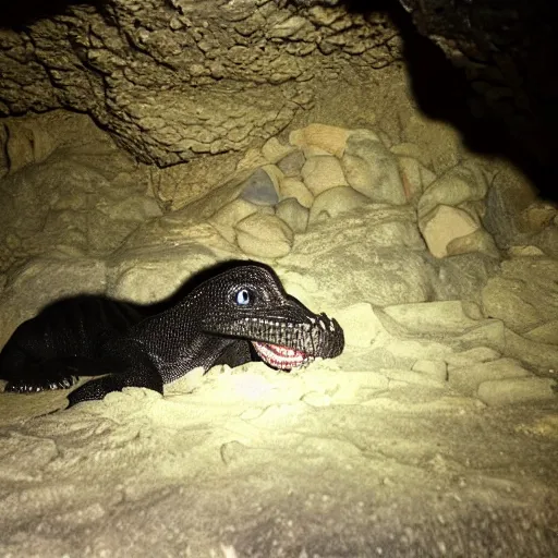 Image similar to photo inside a cavern of a scary humanoid partially hidden in the shadows behind a rock with wet lizard skin and a mouth with sharp tooth and black eyes