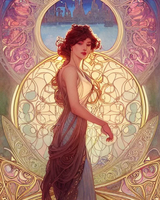 Image similar to secret romance, highly detailed, very intricate, art nouveau, gold filigree, romantic storybook fantasy, soft cinematic lighting, award - winning, disney concept art watercolor illustration by mandy jurgens and alphonse mucha and alena aenami, pastel color palette, featured on artstation